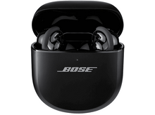 Charger l'image dans la galerie, Écouteurs Bose dans un étui de chargement noir. L'étui est ouvert, révélant les écouteurs. Logo Bose argenté.