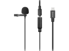 Charger l'image dans la galerie, Un microphone noir avec un capuchon en mousse, connecté à un câble avec un connecteur Lightning.