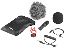 Charger l'image dans la galerie, Un kit de microphone Boya avec un microphone, une bonnette anti-vent et des accessoires.