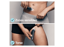 Charger l'image dans la galerie, Deux images montrant un homme utilisant une tondeuse sur son corps. Le texte montre les zones sensibles et le torse.