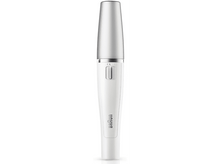 Charger l'image dans la galerie, Une tondeuse à poils faciaux Braun blanche. Il a une pointe argentée et un bouton argenté sur le côté.
