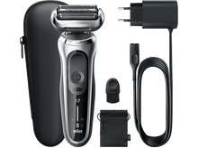 Charger l'image dans la galerie, Rasoir électrique Braun Series 7 argenté et noir avec accessoires, dont un câble de chargement et un étui.