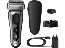 Charger l'image dans la galerie, Rasoir électrique Braun Series 8 avec accessoires: étui de voyage, chargeur, brosse de nettoyage et adaptateur secteur.