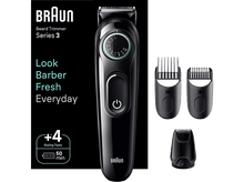Charger l'image dans la galerie, Une tondeuse à barbe Braun Series 3 noire avec accessoires. Le texte dit Barber Fresh Everyday. Fond noir.
