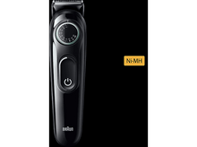 Charger l'image dans la galerie, Tondeuse à barbe Braun noire montrant les réglages de longueur et le bouton d'alimentation.