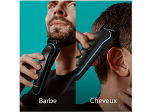 Charger l'image dans la galerie, Homme utilisant une tondeuse à barbe et une tondeuse à cheveux. Étiquettes texte : Barbe et Cheveux.