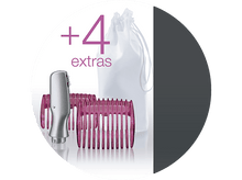 Charger l'image dans la galerie, Rasoir argenté, peignes roses et un sac blanc sont présentés, avec une étiquette '+4 extras'.
