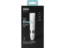Charger l'image dans la galerie, Mini-tondeuse Braun, blanche et argentée. Texte : Hello Body, Goodbye Hair, Easy trim.