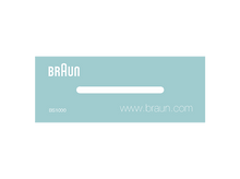 Charger l'image dans la galerie, Carte de produit Braun BS1000. Fond bleu turquoise avec logo Braun, ligne blanche et adresse du site web.