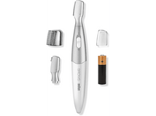 Charger l'image dans la galerie, Tondeuse à sourcils électrique blanche et argentée avec accessoires et une pile.