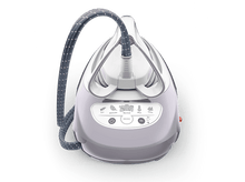 Charger l'image dans la galerie, Un défroisseur de vêtements violet clair avec un panneau de contrôle et un tuyau gris.