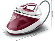 Charger l'image dans la galerie, Un fer à vapeur rouge et blanc avec dimensions, avec un tuyau gris.