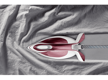 Charger l'image dans la galerie, Un fer à repasser sur un tissu gris, avec une palette de couleurs grise et rouge. Le cordon est visible.