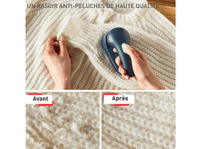 Charger l'image dans la galerie, Une personne utilise un rasoir à tissu sur un pull. La comparaison avant/après montre les résultats.