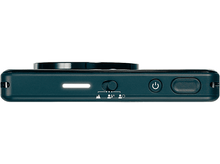 Charger l'image dans la galerie, Gros plan du bas d'un appareil photo bleu-vert. Il a un interrupteur et un bouton.