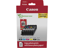 Charger l'image dans la galerie, Paquet d'encre d'imprimante Canon avec plusieurs cartouches. Bonus papier photo inclus. Couleurs rouge, noir et jaune visibles.