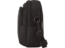 Charger l'image dans la galerie, Étui d'appareil photo noir avec fermeture éclair, sangle et clip. L'étui a une bande rouge sur le côté.