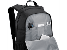 Charger l'image dans la galerie, Sac à dos noir ouvert, montrant stylos, chargeur, téléphone et autres objets.