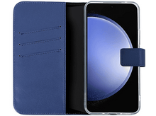 Charger l'image dans la galerie, Étui de téléphone bleu ouvert, révélant un intérieur en cuir bleu et un téléphone allumé.