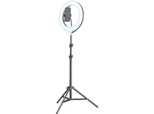 Charger l'image dans la galerie, Une lampe annulaire avec un support de téléphone sur un trépied. Couleur noire.