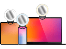 Charger l'image dans la galerie, Trois anneaux lumineux fixés à une tablette, un téléphone et un ordinateur portable.