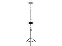 Charger l'image dans la galerie, Deux lampes annulaires avec supports de téléphone sur un trépied noir, sur fond blanc.