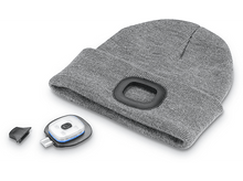 Charger l'image dans la galerie, Bonnet en tricot gris avec un rectangle noir sur le dessus. Une lumière est posée à côté du bonnet.