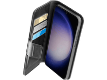 Charger l'image dans la galerie, Étui de téléphone noir avec cartes, tenant un téléphone avec un écran dégradé bleu.