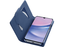 Charger l'image dans la galerie, Étui de téléphone bleu ouvert, montrant un téléphone avec écran rose et bleu. Cartes dans les fentes.