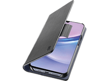 Charger l'image dans la galerie, Un smartphone avec un étui. Le téléphone est visible avec l'étui ouvert, isolé sur fond noir.