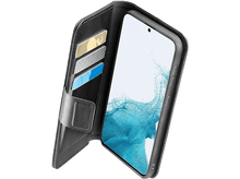 Charger l'image dans la galerie, Étui de téléphone noir avec trois fentes pour cartes et un téléphone avec un écran bleu à l'intérieur.