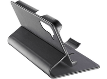 Charger l'image dans la galerie, Étui noir, ouvert pour montrer un téléphone. L'étui est incliné et sur une surface blanche.