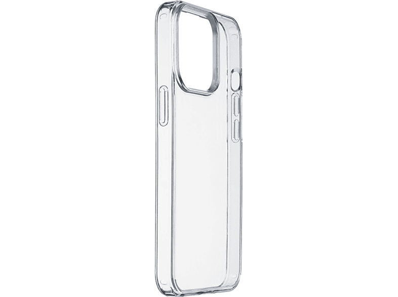 Coque transparente pour iPhone, vue latérale, transparente, montrant les boutons et les bords.
