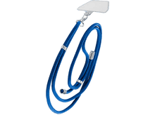 Charger l'image dans la galerie, Lanière de téléphone bleue avec attaches métalliques, suspendue à un support transparent.