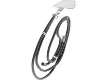 Charger l'image dans la galerie, Un cordon de téléphone noir avec un support de téléphone en plastique transparent et des détails argentés.