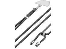 Charger l'image dans la galerie, Lanière de téléphone noire et grise avec des détails argentés, vue rapprochée.