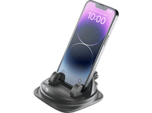 Charger l'image dans la galerie, Un téléphone dans un support de téléphone, sur un tableau de bord, affichant l'heure.