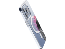 Charger l'image dans la galerie, Un téléphone dans un étui transparent, fixé magnétiquement à un support noir avec une base ronde.