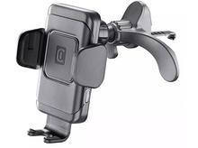 Charger l'image dans la galerie, Un support de téléphone de voiture gris. Il possède un socle de chargement et un bouton. Le support est sur fond blanc.