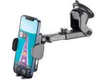 Charger l'image dans la galerie, Un téléphone avec une application de navigation est monté sur un pare-brise de voiture. L'app affiche un itinéraire.