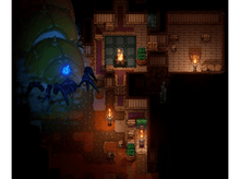 Charger l'image dans la galerie, Vue aérienne d'une scène de jeu pixélisée. Un personnage avec une torche, entouré d'autres personnages.