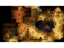 Charger l'image dans la galerie, Vue aérienne d'une scène de jeu pixélisée avec des maisons, des personnes et des arbres.