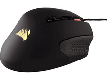 Charger l'image dans la galerie, Souris gaming Corsair noire avec logo doré et prise latérale texturée.