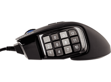 Charger l'image dans la galerie, Une souris de jeu noire et bleue avec un panneau latéral de 12 boutons numérotés.