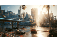 Charger l'image dans la galerie, Une ville futuriste avec des voitures sur la route. Le soleil brille, gratte-ciels en arrière-plan.