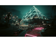 Charger l'image dans la galerie, Paysage urbain futuriste de nuit, bâtiment en forme de pyramide et néons.