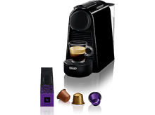 Charger l'image dans la galerie, Machine à café Nespresso noire avec une tasse de café. Plusieurs capsules à côté.