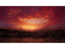 Charger l'image dans la galerie, Coucher de soleil sur une ligne d'horizon urbaine. Premier plan sombre avec collines et herbe. Ciel rouge et orange.