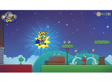 Charger l'image dans la galerie, Une scène de dessin animé avec un chien super-héros volant, des arbres, un canapé et une bouche d'incendie.