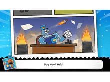 Charger l'image dans la galerie, Scène de bande dessinée avec un patron robot bleu. Bulles de texte et une fusée en arrière-plan.